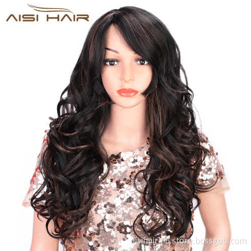 Aisi Hair Synthetic Black Body Wave Long Wavy Black Mixed Wig Heat Resistant Fiber Hair Wig For Black White Women Cosplay Wigs